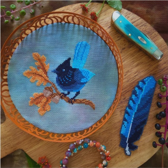 Steller's Jay and Feather Bookmark chart by Bad Stitch