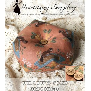 Willow’s Pond Biscornu chart and buttons by Heartstring Samplery